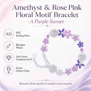 Lab - Grown Amethyst & Rose Pink Floral Motif Bracelet - Reymey