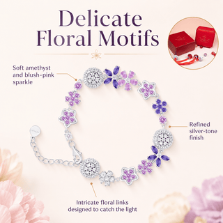 Lab - Grown Amethyst & Rose Pink Floral Motif Bracelet - Reymey
