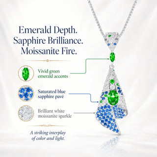 Pavé Moissanite, Lab - Grown Emerald & Sapphire Pendant Necklace - Reymey