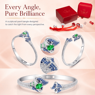 Moissanite, Lab - Grown Emerald & Sapphire Open Pavé Bangle - Reymey