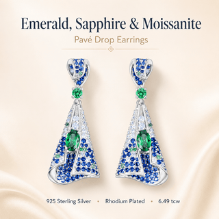Moissanite, Lab - Grown Emerald & Sapphire Pavé Drop Earrings - Reymey